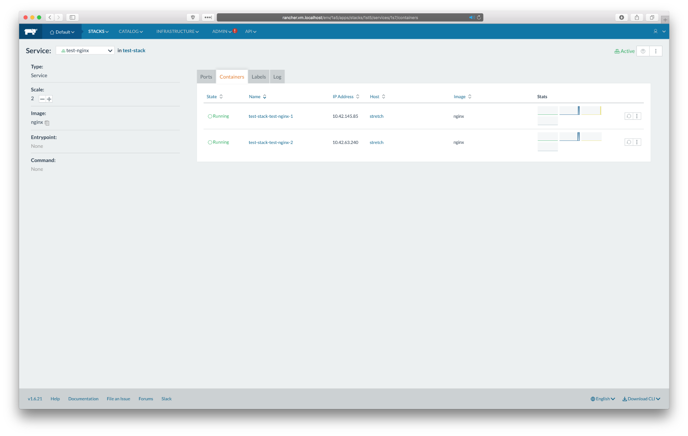 Rancher UI, test-nginx Stack Containers overview